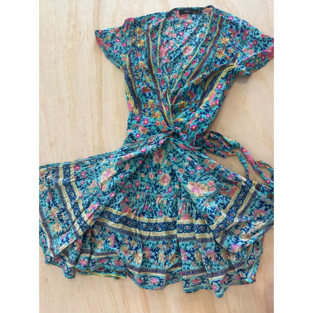 ZESICA Teal Floral Boho Wrap Mini Dress Small Cottagecore Ruffle Festival